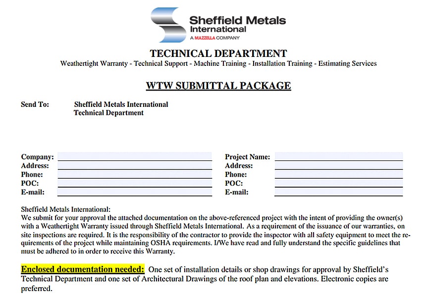 Metal Roofing Weathertight Warranties: Uses, Types, & Definitions: Submittal Package