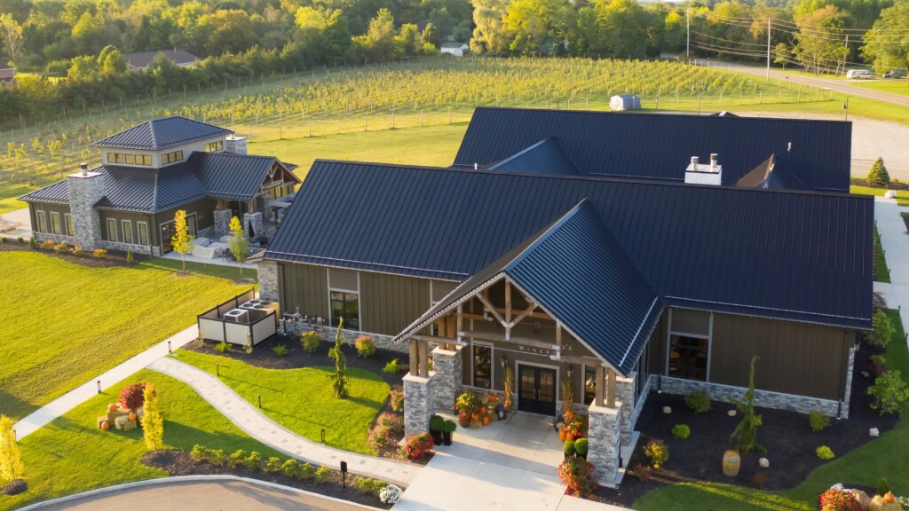 Michael Angelos Winery, featuring a standing seam metal roof in the coil color Matte Black