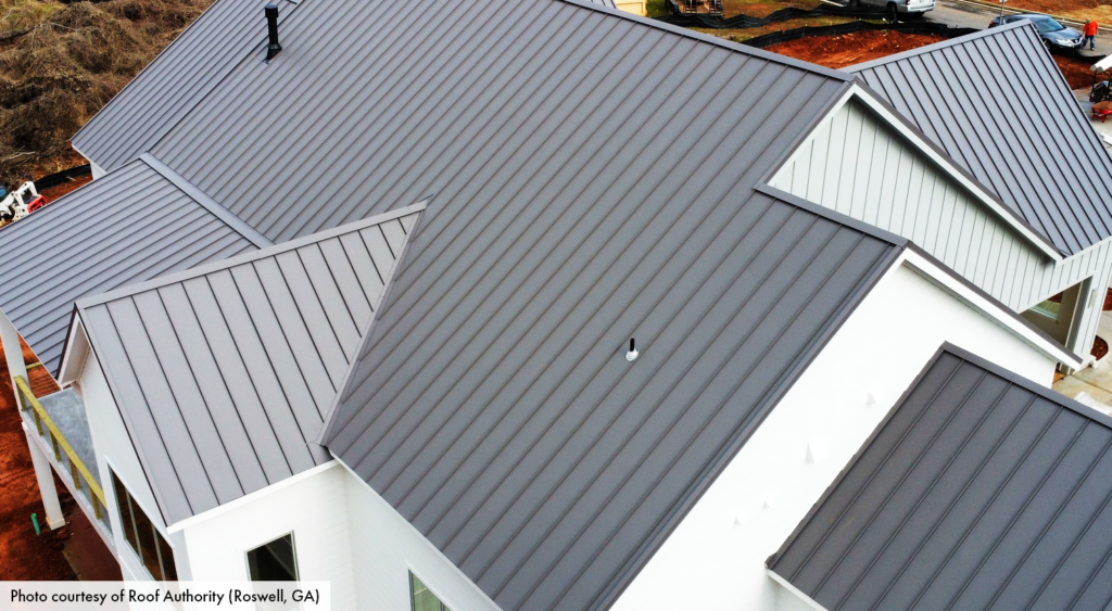 Standing seam metal roof in 26-gauge Dark Gray color