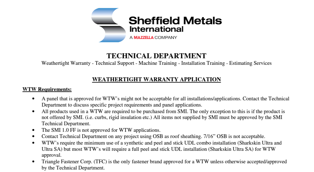 Example of a weathertight warranty document for a standing seam metal roof