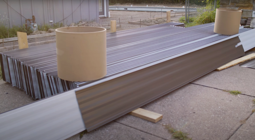 Standing seam metal roofing panels stored on a jobsite