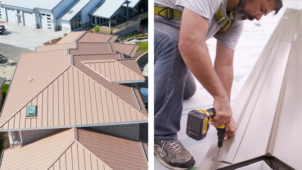 an image of a standing seam roof next to a worker installing valley metal