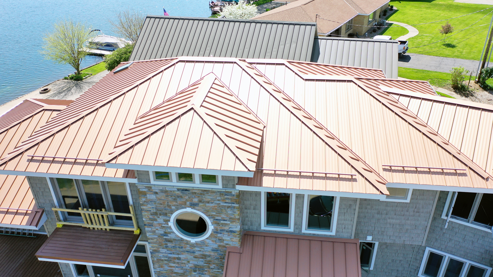 An aerial view of a new copper roof 