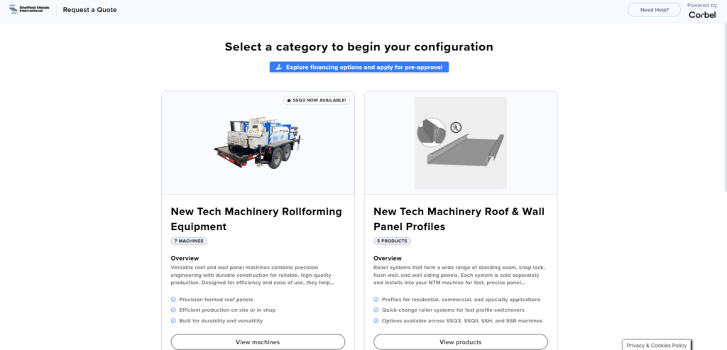 The New Tech Machinery online configurator, showing machine options and itemized pricing